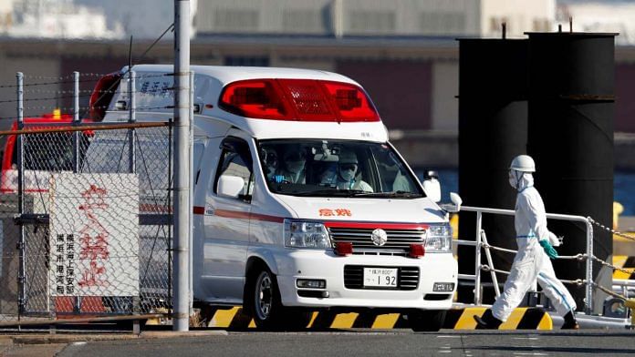 Amubulance possibly carrying a person from the Diamond Princess cruise after 10 people onboard tested positive for coronavirus at a maritime police's base in Yokohama | ANI via Reuters