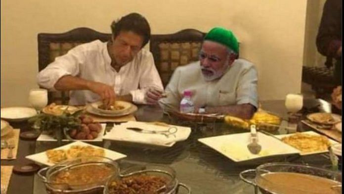 The doctored image of Pakistan PM Imran and Khan and Narendra Modi dinning together | Twitter
