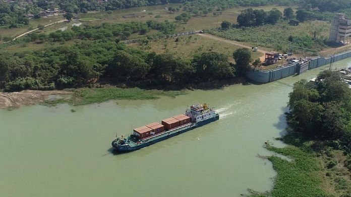 IWAI vessel MV RN Tagore at Farakka Navigation Lock, carrying India's first riverine containerised cargo on NW-1, river Ganga, from Kolkata to Varanasi in November 2018. | Photo: Special arrangement