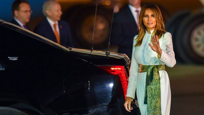 First Lady Melania Trump waves at media personnel upon her arrival at the AFS Palam in New Delhi, Monday, Feb. 24, 2020. | PTI