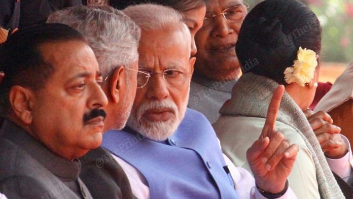 From left to right: MoS Jitendra Singh, External Affairs Minister S. Jaishankar and PM Narendra Modi at Rashtrapati Bhawan | Photo: Praveen Jain | ThePrint