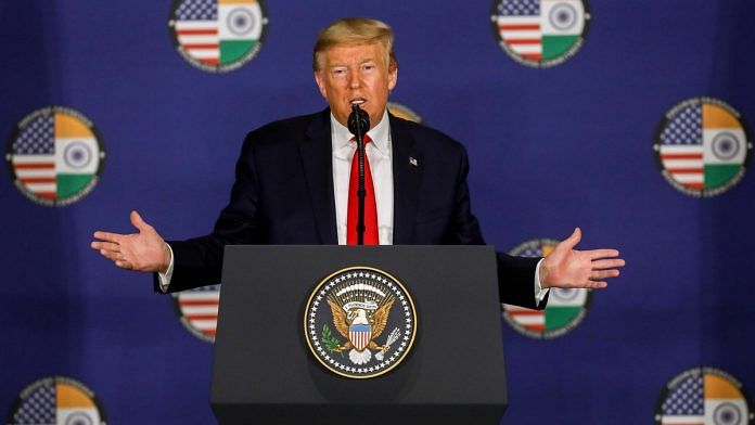 US President Donald Trump at his press briefing in New Delhi Tuesday