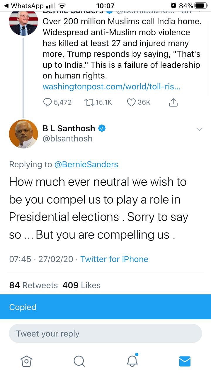 A screenshot of BJP leader B.L. Santhosh's tweet on US elections. He has since deleted the tweet.