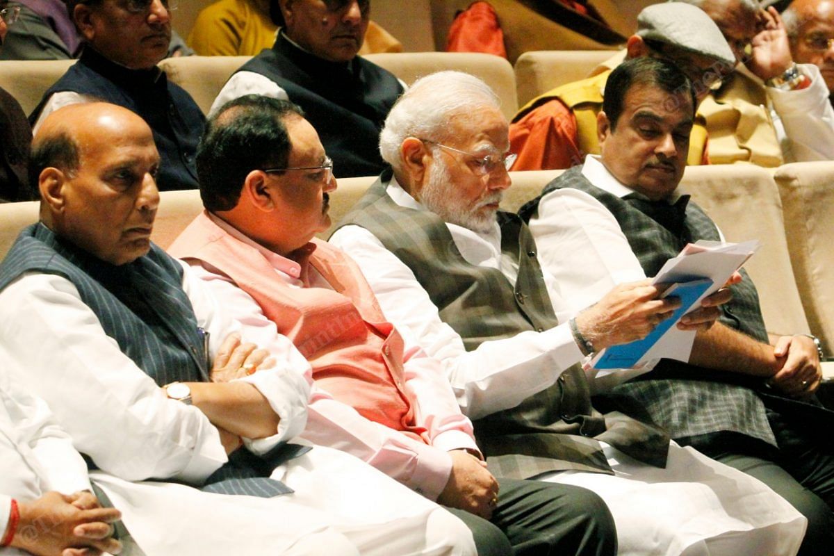 From left to right: Union Minister Rajnath Singh, BJP Party President J.P. Nadda, PM Modi and Union Minister Nitin Gadkari at the Parliamentary meeting | Photo: Praveen Jain | ThePrint