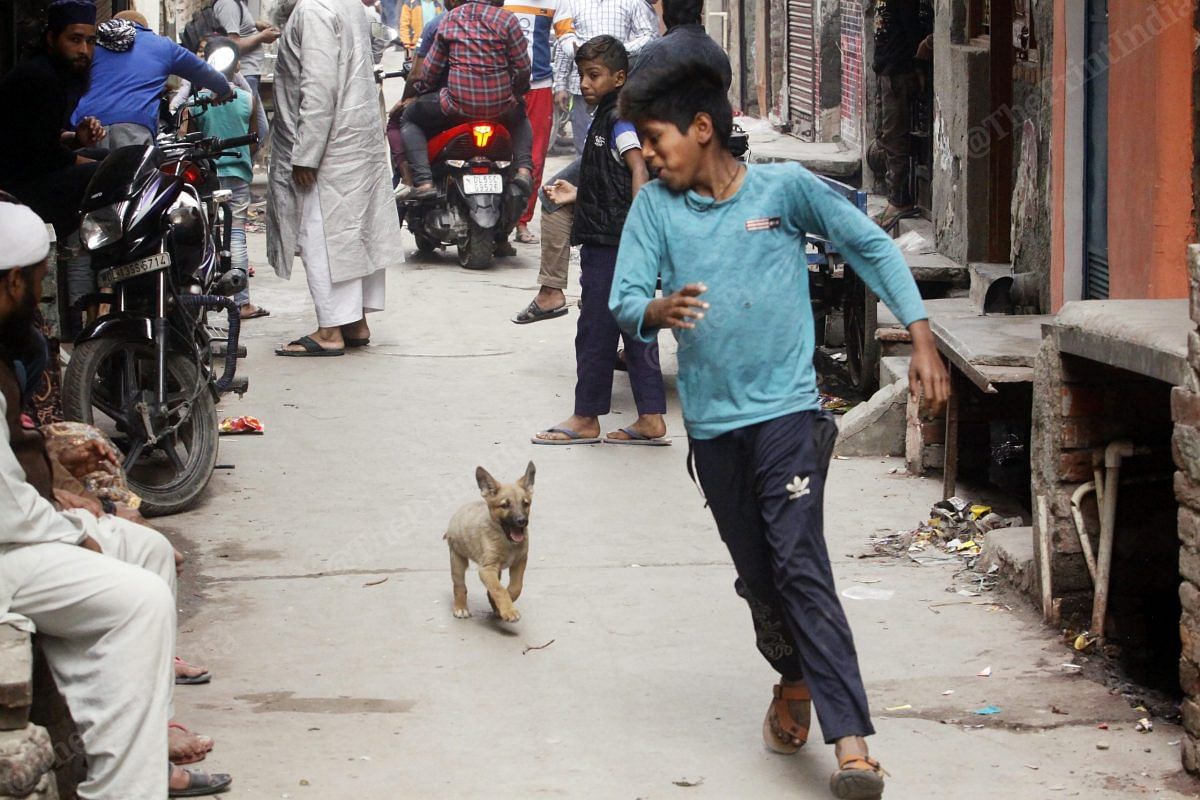 A kid in Mustafabad finds a running mate in a street dog | Photo: Praveen Jain | ThePrint