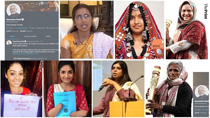 (Clockwise from left): PM Modi's twitter handle, Veena Devi, Vijaya Pawar, Arifa, Kalavati, Kalpana Ramesh, Dr. Malvika Iyer, Sneha Mohandoss | ThePrint