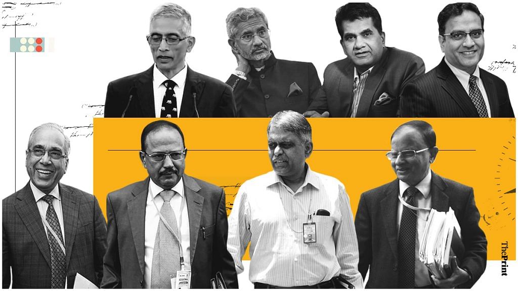 (Clockwise from top) P Iyer, Jaishankar, Amitabh Kant, Indu Bhushan, P.K. Sinha, P.K Mishra, Ajit Doval, Nripendra Misra | Illustration: Soham Sen