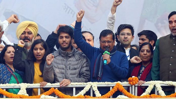 Delhi CM Arvind Kejriwal (holding the mic) after his party AAP won the Delhi election in February 2020 | Praveen Jain | ThePrint