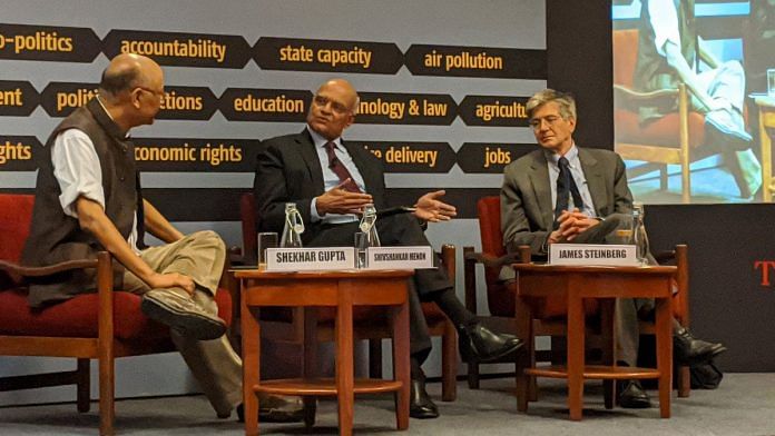 (From left) ThePrint's Editor-in-Chief Shekhar Gupta, former NSA and foreign secretary Shivshankar Menon, and former US Deputy Secretary of State James Steinberg at the CPR Dialogues in New Delhi Tuesday | Photo: @CPR_India | Twitter