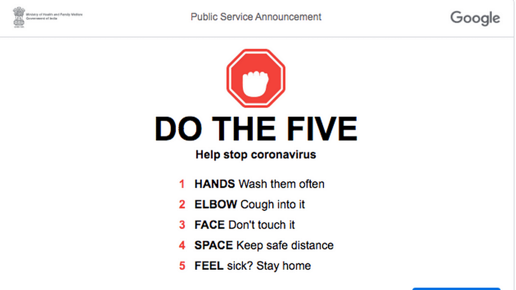 The health ministry's 'Do the five' public service announcement on COVID-19 on Google | Photo: ThePrint Team