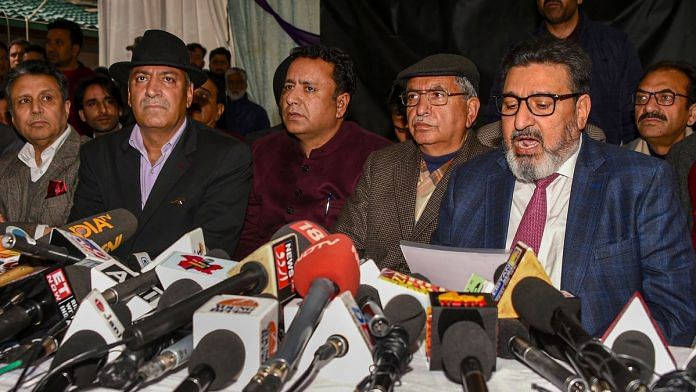 President of newly launched Jammu and Kashmir Apni Party Altaf Bukhari (R) addresses a press conference with other party members, in Srinagar, Sunday, March 8, 2020. | PTI