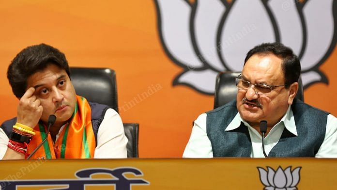 Jyotiraditya Scindia and J.P. Nadda at the BJP headquarters | Suraj Singh Bisht | ThePrint