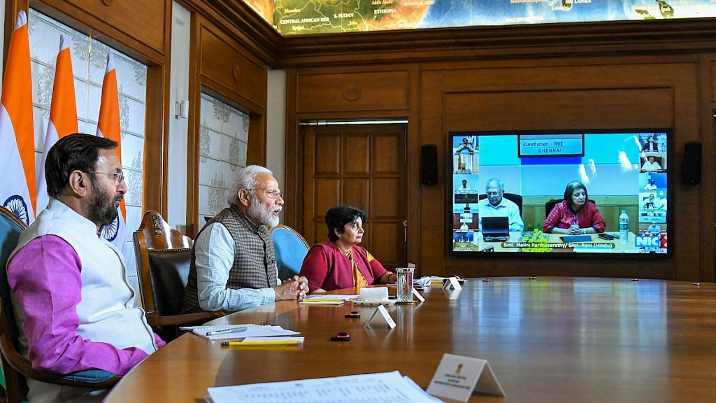 File photo| PM Modi interacts with journalists and stakeholders from the print media on tackling COVID-2019, in New Delhi, March 24 | PTI