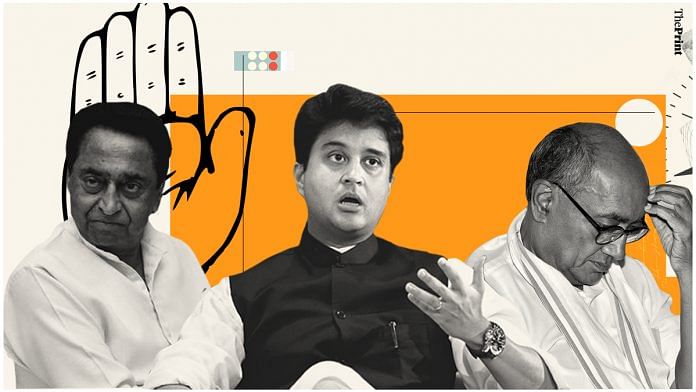 Madhya Pradesh CM Kamal Nath, BJP leader Jyotiraditya Scindia and Congress leader Digvijay Singh | ThePrint graphic | Soham Sen