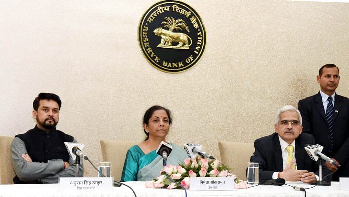 File image of MoS Finance Anurag Thakur, Finance Minister Nirmala Sitharaman and RBI Governor Shaktikanta Das | Photo: ANI