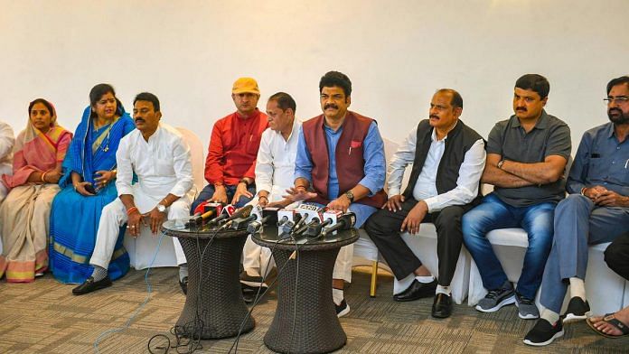 Madhya Pradesh MLAs rebelling against the Kamal Nath government held a press conference in Bengaluru Tuesday | Photo: PTI