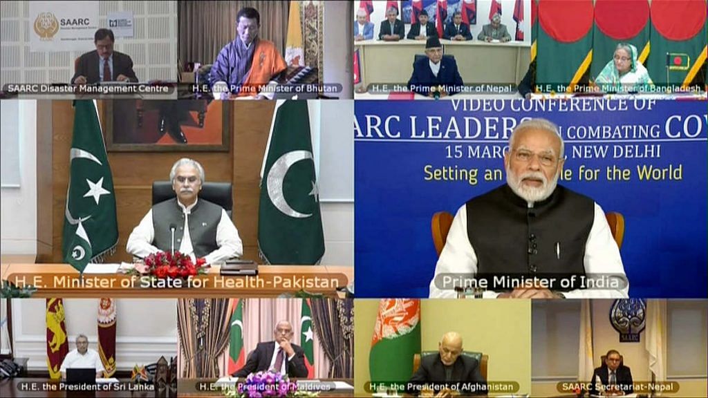 A composite image showing PM Narendra Modi and leaders from the SAARC nations during a video conference on Covid-19 on 15 March | Photo: ANI