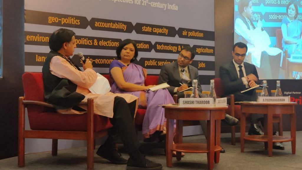 Tharoor (left) speaks at Centre for Policy Research Dialogues 2020 | Photo: Urjita Bhardwaj | ThePrint