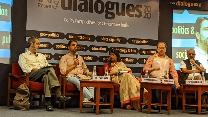 (From left to right) Deepak Sanan, Jayant Chaudhary, Madhulika Banerjee, Patrick French and Shekhar Gupta at a panel discussion at CPR Dialogues 2020 in New Delhi Tuesday. | Photo: Twitter/@CPR_India