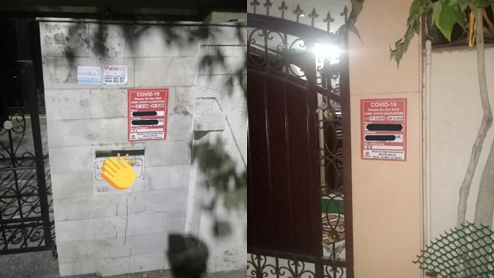 Sticker announcing homes under quarantine, outside homes in Delhi. | AAPInNews | Twitter