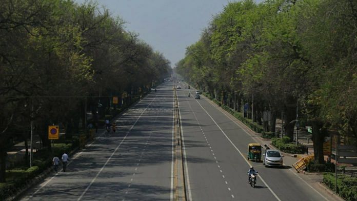 A deserted road in Delhi on the first day of total lockdown Monday | Photo: Manisha Mondal | ThePrint