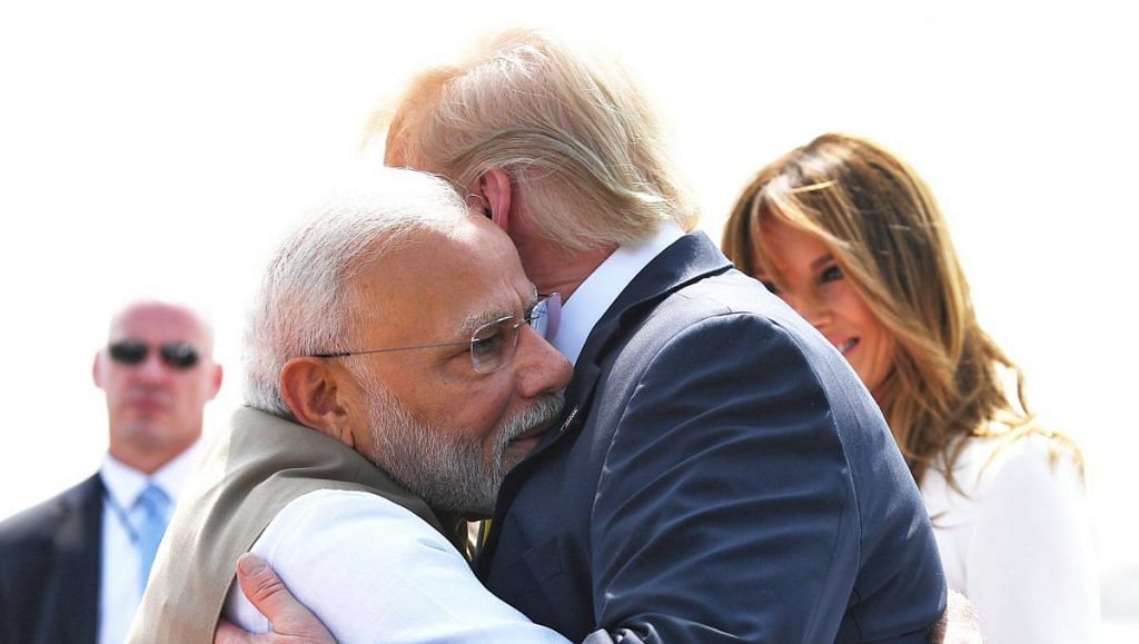 PM Narendra Modi hugs Donald Trump at Ahmedabad airport | Photo: @narendramodi | Twitter