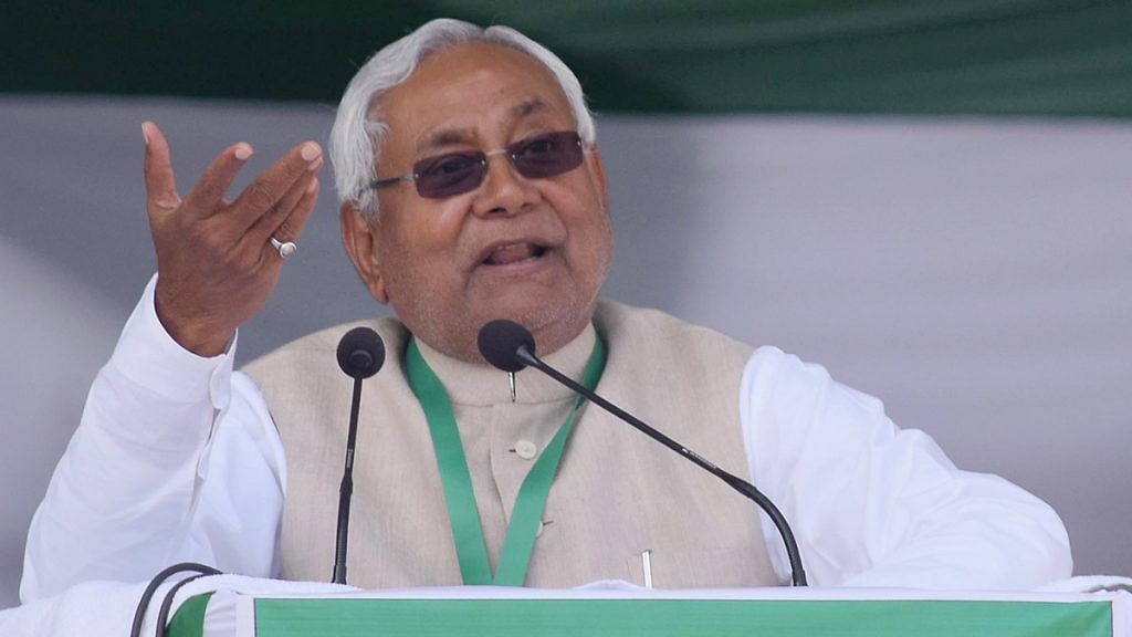 Janata Dal-United National President and Bihar Chief Minister Nitish Kumar addresses the state-level party workers meeting on preparation for the Legislative Assembly polls, in Patna on Sunday. | ANI