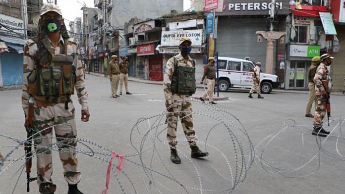 Security personnel stand guard during the lockdown in Jammu | PTI
