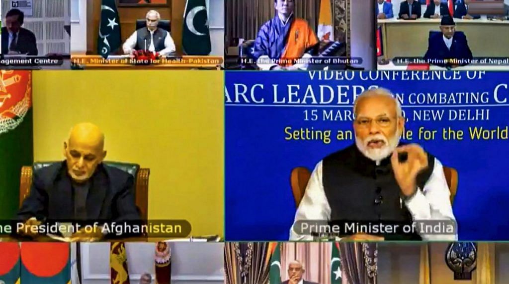 Prime Minister Narendra Modi during a video conference with SAARC leaders on chalking out a plan to combat the COVID-19 Novel Coronavirus, in New Delhi | PTI