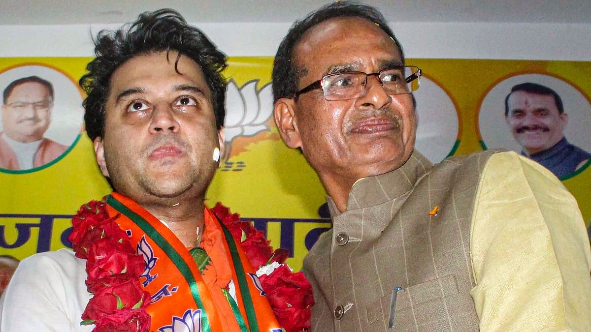 File image of Jyotiraditya Scindia being welcomed into the BJP by Shivraj Singh Chouhan | Photo: PTI