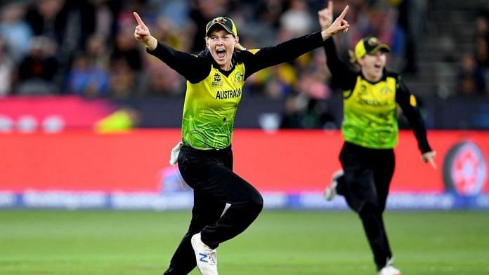 Australia's Meg Lanning celebrates after beating India in the women's T20 World Cup Sunday | @T20WorldCup | Twitter