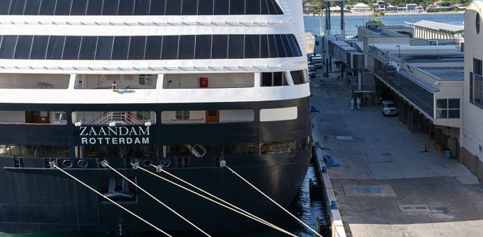 The Holland America Line Inc. Zaandam cruise ship sits docked at the Port of Everglades in Fort Lauderdale, Florida, on April 2. Photo | Bloomberg