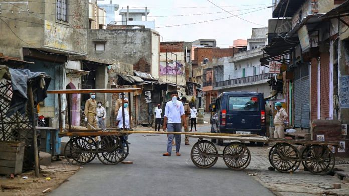 A makeshift barricade demarcates Khatik Pada, a hotspot zone in Agra | Suraj Singh Bisht | ThePrint