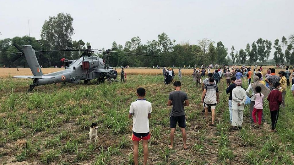 The Apache helicopter which made an emergency landing after take off from Pathankot base in Punjab on 17 April 2020 | Photo by special arrangement