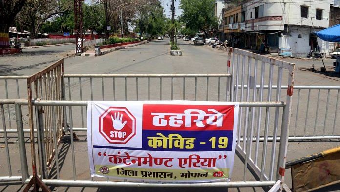 Barriers demarcating a Covid-19 containment zone in Madhya Pradesh's capital Bhopal | Photo: ANI