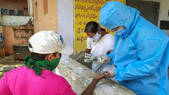 A health worker conducts a rapid antibody test for Covid-19 in Vijaywada | Representational image | PTI