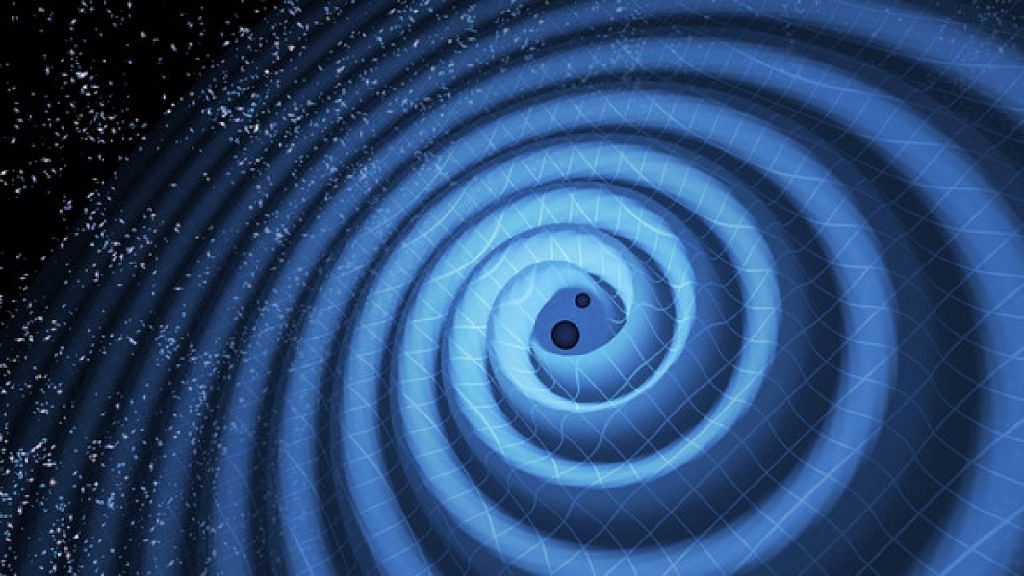 The illustration shows the merger of two black holes and the gravitational waves that ripple outwards | LIGO | T. Pyle