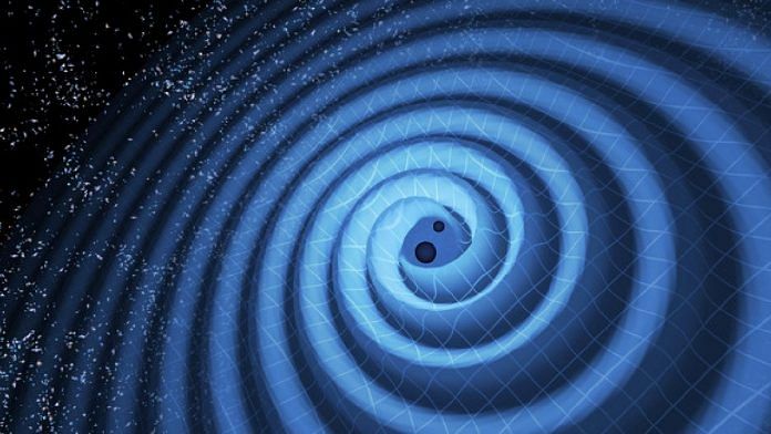 The illustration shows the merger of two black holes and the gravitational waves that ripple outwards | LIGO | T. Pyle
