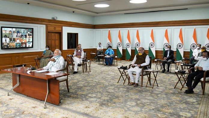 PM Modi and several Union ministers interact with chief ministers during a video conference on 27 April 2020 | PIB | Twitter