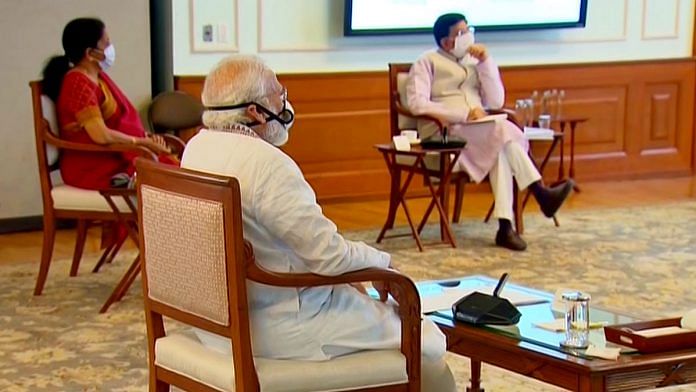 Prime Minister Narendra Modi, Finance Minister Nirmala Sitharaman and Commerce Minister Piyush Goyal at a meeting to boost investment Thursday | Photo: ANI