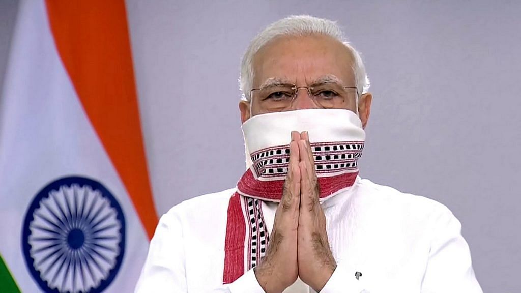 Prime Minister Narendra Modi began is 14 April address to the nation with his face covered | Photo: ANI