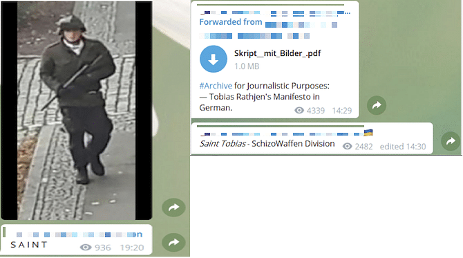 Left: Post amplifying image of Stephan Balliet dressed in military attire during his armed rampage alongside a message underneath ascribing “sainthood” to him for his actions. Right: Example of cross-posting between channels amplifying manifesto and ascribing “sainthood” to Tobias Rathjen, the attacker responsible for the Hanau mass shooting while also referencing reports of his suffering from mental illness. (Source: Telegram)