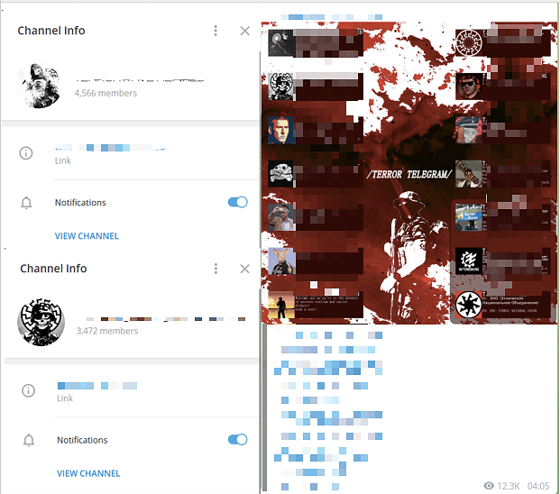 Left: Channel Info for two prominent “Terrorwave” channels. Right: A post uploaded on one of the public channels amplifying a range of others channels that form part of the “Terror Telegram” community. The post received over 12,000 views at the time of analysis. (Source: Telegram)