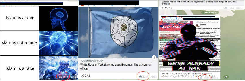 Another example of cross-posting showing escalatory posting in another “jokes and memes” group devoted to European chauvinism, as in the previous case, the cross-posted content receives a jump in views. (Source: Telegram)