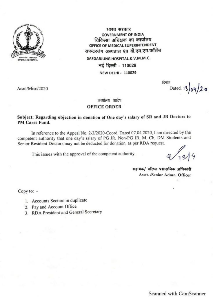 The order issued by Safdarjung Hospital on 13 April