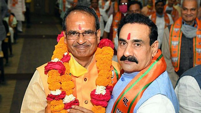 File image of Madhya Pradesh CM Shivraj Singh Chouhan and fellow BJP leader Narottam Mishra | Photo: ANI