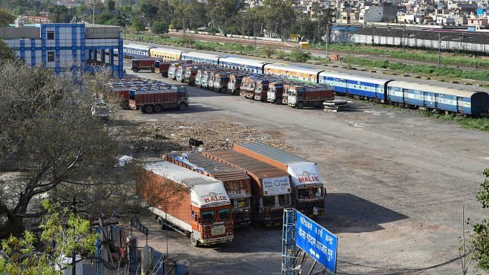 Trucks parked at a perishable cargo centre during the nationwide lockdown in the wake of coronavirus pandemic, at Azadpur in New Delhi, on April 1, 2020 | PTI
