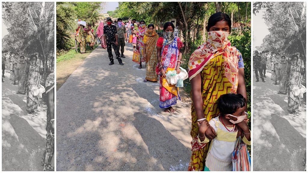 Residents of a village in Birbhum, West Bengal, stand in a queue to collect ration distributed by the district administration | By special arrangement
