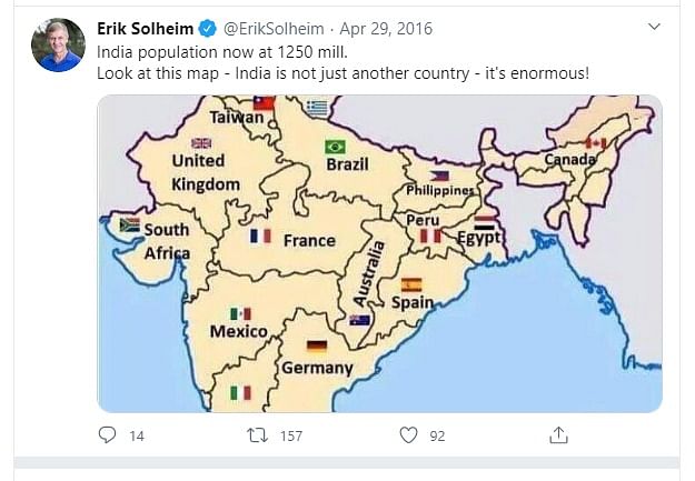 A screenshot of Erik Solheim's tweet from April 2016