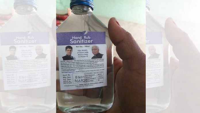 The hand sanitisers with pictures of Dushyant Chautala (left) and Khattar | Twitter: Randeep Surjewala | @rssurjewala